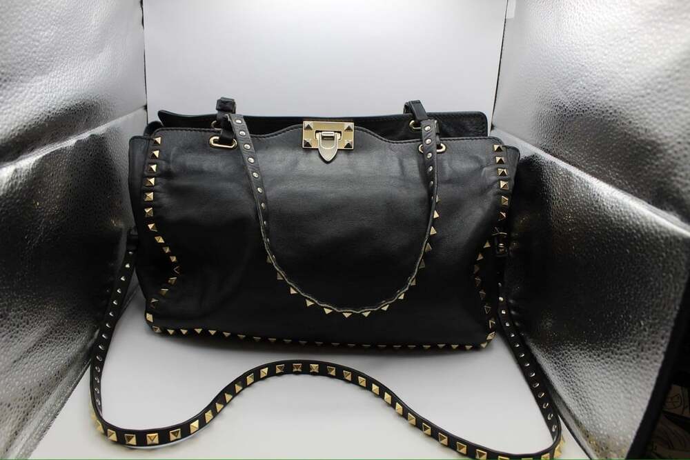 Valentino Garavani Black Leather Rockstud Medium Tote Bag